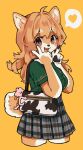  1girl :3 :d ahoge animal_ear_fluff animal_ears animal_nose bag bangs blonde_hair body_fur breasts brown_eyes button_gap cropped_legs dog_ears dog_girl dog_tail eyebrows_visible_through_hair from_side furry green_shirt hair_between_eyes hands_up heart highres large_breasts long_hair looking_at_viewer open_mouth orange_background original plaid plaid_skirt pleated_skirt print_bag rye-beer sharp_teeth shirt short_sleeves shoulder_bag simple_background skirt smile solo speech_bubble spoken_heart tail taut_clothes taut_shirt teeth thick_eyebrows thighs upper_teeth zipper zipper_pull_tab 