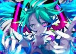  1girl bangs bare_shoulders blue_nails blue_neckwear floating_hair goma_irasuto green_nails hatsune_miku headphones highres holding holding_hair looking_at_viewer looking_down nail_polish necktie open_hand parted_lips purple_eyeshadow purple_nails solo twintails vocaloid 