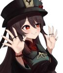  1girl absurdres black_hair black_headwear black_shirt bracelet breasts chinese_clothes collared_shirt genshin_impact grin hands_up hat highres hu_tao jewelry long_hair long_sleeves looking_away multiple_rings pellas_(panix2383) qing_guanmao red_eyes red_shirt ring shirt simple_background small_breasts smile solo star-shaped_pupils star_(symbol) symbol-shaped_pupils thumb_ring twintails undershirt upper_body white_background 