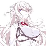  1girl commentary cosplay hatsune_miku hatsune_miku_(cosplay) heterochromia kkr_rkgk looking_at_viewer megurine_luka neck_ribbon parted_lips project_sekai purple_eyes red_eyes red_ribbon ribbon shirt sketch solo upper_body vocaloid white_background white_hair white_shirt 