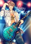  1boy argonavis_from_bang_dream! bang_dream! brown_hair cowboy_shot goryou_yuuto guitar happy_birthday instrument jacket male_focus open_mouth saigi sleeves_rolled_up solo torn_clothes white_jacket 