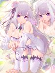  1girl arm_support bangs blunt_bangs breasts cleavage commentary_request detached_sleeves emilia_(re:zero) eyebrows_visible_through_hair flower glasses hair_flower hair_ornament hair_ribbon highres holding holding_eyewear kneeling long_hair looking_at_viewer medium_breasts pointy_ears purple_eyes purple_ribbon re:zero_kara_hajimeru_isekai_seikatsu ribbon silver_hair solo thighhighs thighs waterring white_legwear 