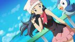  1girl beanie black_hair cloud commentary_request dawn_(pokemon) day dutch_angle eyelashes floating_hair gen_4_pokemon hair_ornament hairclip hand_up hat long_hair looking_at_viewer pink_neckwear piplup pokemon pokemon_(anime) pokemon_(creature) pokemon_dppt_(anime) railing scarf sky starter_pokemon suitenan water white_headwear 