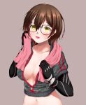  1girl absurdres android black-framed_eyewear blush breasts brown_hair camouflage cleavage commentary_request glasses gradient_hair hair_between_eyes highres hololive jacket long_sleeves multicolored_hair navel partially_unzipped roboco-san short_hair simple_background solo sweat virtual_youtuber yellow_eyes yomitrooper 