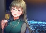  1girl alcohol alternate_costume bangs black_hair blush breasts brown_eyes building choukai_(kantai_collection) city city_lights cityscape cup drinking_glass glasses holding holding_cup imachireki jewelry kantai_collection large_breasts lips long_hair long_sleeves necklace night open_mouth sky solo twitter_username upper_body window wine_glass 