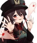  1girl absurdres black_hair black_headwear black_shirt bracelet breasts chinese_clothes collared_shirt genshin_impact ghost hands_up hat highres hu_tao jewelry long_hair long_sleeves looking_at_viewer multiple_rings open_mouth pellas_(panix2383) qing_guanmao red_eyes red_shirt ring shirt simple_background small_breasts smile solo star-shaped_pupils star_(symbol) sweatdrop symbol-shaped_pupils thumb_ring twintails undershirt upper_body v-shaped_eyebrows white_background 