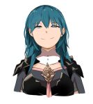  1girl armor bakkanki black_armor blue_eyes blue_hair byleth_(fire_emblem) byleth_(fire_emblem)_(female) crest eyebrows eyebrows_visible_through_hair fire_emblem fire_emblem:_three_houses long_hair looking_at_viewer neckwear simple_background smile smug solo solo_focus upper_body white_background white_neckwear 