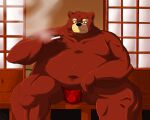  2011 5:4 anthro asian_clothing belly black_nose brown_body brown_fur bulge clothing east_asian_clothing fundoshi fur japanese_clothing kemono male mammal navel outside overweight overweight_anthro overweight_male sitting solo sugekuma underwear ursid 