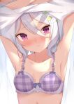  1girl armpits arms_up bangs bare_shoulders blush bow bow_bra bra closed_mouth collarbone commentary_request eyebrows_visible_through_hair flower grey_hair hair_between_eyes hair_flower hair_ornament head_tilt highres kokkoro_(princess_connect!) looking_at_viewer navel plaid plaid_bra princess_connect! princess_connect!_re:dive purple_bra purple_eyes raru0310 solo underwear undressing wavy_mouth white_flower 