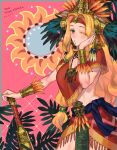  1girl blonde_hair blush bracelet chin_piercing fate/grand_order fate_(series) gold_trim green_eyes green_nails hair_ornament hair_scrunchie hand_on_own_face headband headdress holding holding_weapon jewelry long_hair looking_at_viewer macuahuitl nail_polish one_eye_closed piercing poncho quetzalcoatl_(fate/grand_order) red_skirt scrunchie skirt solo user_eyum4888 weapon 