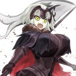 1girl bangs breasts fate/grand_order fate_(series) flag fur_trim grey_hair headpiece huge_breasts jeanne_d&#039;arc_(alter)_(fate) jeanne_d&#039;arc_(fate)_(all) open_mouth oro_(zetsubou_girl) short_hair simple_background smile solo upper_body white_background yellow_eyes 