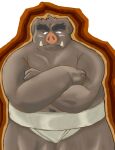  2015 anthro blush brown_body brown_fur fur hi_res kemono male mammal navel overweight overweight_anthro overweight_male solo sugekuma suid suina sumo sus_(pig) wild_boar 