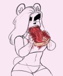  anthro blood bodily_fluids breasts clothed clothing eating fangs female food fupp_(fuppfuc69) fuppfuc69 fur gore hair hi_res mammal meat open_mouth polar_bear raw_meat simple_background solo teeth ursid ursine 