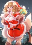  2021 anthro bag belly belt blue_eyes bottomwear breasts brown_hair canid canine canis christmas christmas_clothing christmas_headwear cleavage clothed clothing costume domestic_dog female gift hair hat headgear headwear holidays kemono looking_at_viewer mammal navel open_mouth open_smile santa_costume santa_hat setouchi_kurage skirt smile snow solo standing 