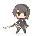  1girl black_dress black_eyes black_hair black_hairband blush boots chibi cosplay dress eyebrows_visible_through_hair hairband high_heel_boots high_heels holding holding_sword holding_weapon hololive nekoyama nier_(series) nier_automata oozora_subaru short_hair solo standing sword thigh_boots thighhighs virtual_youtuber weapon yorha_no._2_type_b yorha_no._2_type_b_(cosplay) 