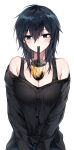  1girl absurdres bara_(03_bara_) bare_shoulders black_hair black_shirt blue_eyes blush breasts bubble_tea bubble_tea_challenge cup drinking drinking_straw drinking_straw_in_mouth eyebrows_visible_through_hair hair_between_eyes highres long_sleeves medium_breasts original shirt short_hair simple_background solo white_background 