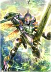  clenched_hand dunbine fantasy floating holding holding_sword holding_weapon insect_wings irisu_haniwa looking_at_viewer mecha no_humans orange_eyes seisenshi_dunbine solo sword weapon wings 
