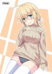  ahoge artist_logo artist_name blonde_hair blue_eyes blush breasts brown_sweater glasses hand_on_own_chest highres i-8_(kantai_collection) kantai_collection large_breasts long_sleeves looking_at_viewer low_twintails one-piece_swimsuit pepatiku red-framed_eyewear ribbed_sweater scarf school_swimsuit semi-rimless_eyewear sitting sweater swimsuit swimsuit_under_clothes thighhighs torn_scarf twintails under-rim_eyewear white_legwear 