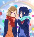  2girls absurdres adachi_sakura adachi_to_shimamura ball blazer blue_eyes blue_hair blue_scarf day hair_ornament hairclip hand_up highres jacket ljcc100861 long_hair long_sleeves medium_hair multiple_girls orange_sweater_vest outdoors purple_eyes rainbow red_neckwear red_scarf scarf shimamura_hougetsu short_hair sitting skirt smile standing sweater_vest yuri 