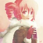  1girl brown_coat can coat commentary drill_hair drink fur-trimmed_coat fur_trim gloves holding holding_can kasane_teto looking_at_viewer np_eny open_mouth red_eyes red_gloves red_hair scarf sidelighting smile solo twin_drills upper_body utau white_scarf 