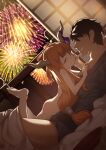  1boy 1girl aerial_fireworks barefoot black_hair blvefo9 bow brown_eyes brown_hair collarbone commentary_request dutch_angle faceless faceless_male fireworks girl_on_top hair_bow hair_ribbon horns ibuki_suika indoors leg_up long_hair lying night nude on_back on_stomach oni oni_horns parted_lips purple_ribbon red_bow ribbon smile touhou very_long_hair 