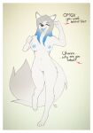 anthro arctic_fox blue_tongue border breasts canid canine dialogue excited exposed_breasts eyes_closed fangs female fluffy fluffy_tail fox fur genitals happy hi_res highlights_(coloring) inner_ear_fluff jazzmine_nevermore mammal marblesoda nipples nude on_one_leg open_mouth pussy solo standing tongue tuft white_border 