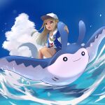  1girl baseball_cap buttons cloud commentary_request day eyelashes floating_hair gen_2_pokemon goma_(nabepa_nabepa) hat highres jacket light_brown_hair long_hair mantine number open_mouth outdoors pokemon pokemon_(creature) riding_pokemon shirt sidelocks sky tongue water white_headwear white_shirt 