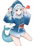  1girl a animal_hood bangs blue_eyes blue_hair blue_hoodie blunt_bangs claw_pose eyebrows_visible_through_hair fish_tail gawr_gura highres hololive hololive_english hood hoodie looking_at_viewer multicolored_hair open_hands shark_hood shark_tail silver_hair solo standing standing_on_one_leg streaked_hair tail v-shaped_eyebrows virtual_youtuber white_background yakiniku-joan. 