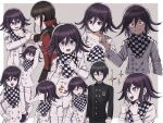  1girl 2boys absurdres ahoge angry arm_grab arms_up bangs black_hair black_jacket black_pants bojue_(hakus_1128) border checkered checkered_background checkered_neckwear checkered_scarf clenched_teeth closed_eyes closed_mouth commentary_request danganronpa_(series) danganronpa_v3:_killing_harmony double-breasted evil_grin evil_smile grey_background grin hair_ornament hair_scrunchie harukawa_maki highres holding jacket long_sleeves looking_at_viewer male_focus multiple_boys multiple_views neck_grab open_mouth ouma_kokichi pants plaid profile red_scrunchie saihara_shuuichi scarf scrunchie shaded_face shirt smile star-shaped_pupils star_(symbol) striped_jacket sweat symbol-shaped_pupils teeth upper_body white_border 