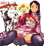  1girl 2021 animal black_hair black_legwear black_panties brown_eyes bull chinese_zodiac commentary_request fan figure floral_print flower garter_straps hair_ornament hairclip hand_up holding holding_fan japanese_clothes kamisimo_90 kimono looking_at_viewer mountain new_year obi original panties print_kimono red_kimono sash short_hair sidelocks simple_background solo tanned_girl_(kamisimo_90) thighhighs underwear white_panties year_of_the_ox 