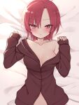  1girl :&lt; arms_up bangs bare_shoulders bazett_fraga_mcremitz bed bed_sheet blush breasts closed_mouth eyebrows_visible_through_hair eyes_visible_through_hair fate/kaleid_liner_prisma_illya fate_(series) highres kamu_(geeenius) large_breasts long_sleeves looking_at_viewer lying on_back on_bed red_eyes red_hair short_hair sidelocks solo 
