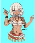  1girl :3 bangs bare_shoulders bikini blue_background blue_eyes blunt_bangs commentary cropped_torso danganronpa_(series) danganronpa_v3:_killing_harmony dark_skin dark_skinned_female eyebrows_visible_through_hair flat_chest hands_up highres jewelry looking_at_viewer navel necklace qosic simple_background sketch smile solo swimsuit tattoo tooth_necklace yonaga_angie 