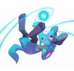  2020 3_toes ambiguous_gender anthro aura barefoot blue_body blue_eyes blue_fur feet fur nintendo open_mouth open_smile pok&eacute;mon pok&eacute;mon_(species) riolu salanchu signature simple_background smile soles solo toes tongue video_games 