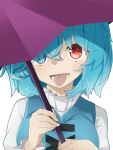 1girl bangs blue_eyes blue_hair blue_vest cross-laced_clothes cross-laced_top hair_between_eyes hair_over_eyes heterochromia highres holding holding_umbrella long_sleeves looking_at_viewer open_mouth purple_umbrella red_eyes shirt short_hair simple_background smile solo standing tatara_kogasa teeth tongue tongue_out touhou tyouseki umbrella upper_body vest white_background white_shirt 