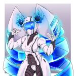  armor arms_bent blue_eyes breasts drill_curls female fire glowing hair hi_res joints looking_at_viewer machine one_eye_closed osiriix pigtails plate_armor robot solo twintails_(hairstyle) watermark white_body wink 