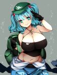  1girl arm_up backpack bag bangs black_gloves black_tank_top blue_eyes blue_hair breasts bubble cleavage closed_mouth cowboy_shot flat_cap gloves green_headwear grey_background hair_bobbles hair_ornament hat head_tilt highres holding holding_bag kawashiro_nitori key large_breasts looking_at_viewer medium_hair navel pocket raptor7 short_sleeves simple_background smile solo standing tank_top touhou twintails 
