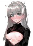  1girl ? black_sweater blush breasts breasts_outside closed_mouth clothing_cutout ear_blush eyebrows_visible_through_hair green_eyes grey_hair highres long_hair maido_mido original simple_background smile solo sweat sweater upper_body white_background 