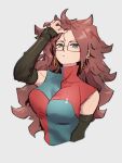  1girl android_21 blue_eyes breasts checkered checkered_dress closed_mouth detached_sleeves dragon_ball dragon_ball_fighterz dress earrings glasses hoop_earrings jewelry kemachiku long_hair medium_breasts red_hair solo upper_body 