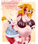  absurd_res anthro belly big_belly big_breasts bodily_fluids bovid bovine breast_milking breasts butt cattle curvy_figure felicer female fur hi_res huge_breasts hyper lactating mammal nude pregnant pregnant_female simple_background slightly_chubby smile solo teats thick_thighs udders 