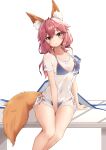  1girl :o absurdres ahoge animal_ear_fluff animal_ears bikini blue_bikini blush breasts commentary_request fate/grand_order fate_(series) fox_ears fox_girl fox_tail highres legs long_hair looking_at_viewer medium_breasts navel pink_hair shirt short_sleeves side-tie_bikini simple_background sitting solo swimsuit tail tamamo_(fate)_(all) tamamo_no_mae_(swimsuit_lancer)_(fate) thighs wet wet_clothes wet_shirt white_background yellow_eyes yoruciel 