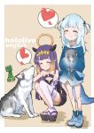  2girls ^_^ absurdres animal blue_hair blush cat closed_eyes copyright_name creeper fish_tail gawr_gura head_tilt heart highres holding holding_animal holding_cat hololive hololive_english minecraft multicolored_hair multiple_girls ninomae_ina&#039;nis petting purple_hair shark_tail smile spoken_heart squatting streaked_hair tail tentacle_hair two_side_up virtual_youtuber wolf yakiniku-joan. 