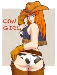  1girl animal_print ass belt blue_eyes breasts brown_belt brown_gloves brown_legwear covered_nipples cow_print cowboy_hat cropped_jacket denim denim_jacket f_a from_behind gloves hand_on_hip hat highres large_breasts long_hair looking_at_viewer marvel_frozen orange_hair parted_lips seisenshi_dunbine solo western 