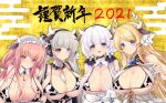  2021 4girls absurdres animal_ears animal_print azur_lane bare_shoulders between_breasts black_dress blonde_hair blue_eyes blue_flower breasts breasts_outside chain cleavage collar cow_ears cow_girl cow_horns cow_print detached_collar dress eyebrows_visible_through_hair fake_animal_ears fake_horns flower formidable_(azur_lane) gloves gold_chain gothic_lolita grey_hair highres horns huge_filesize illustrious_(azur_lane) key_necklace large_breasts laurel_crown lolita_fashion long_hair looking_at_viewer low_twintails multiple_girls neckwear_between_breasts open_mouth perseus_(azur_lane) pink_eyes pink_hair raranokusu red_eyes ruby_(gemstone) sapphire_(gemstone) sleeveless sleeveless_dress smile strapless strapless_dress string_bra translation_request twintails two-tone_dress two-tone_ribbon upper_body very_long_hair victorious_(azur_lane) white_collar white_dress white_gloves white_hair wing_collar 