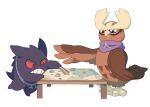  2016 ambiguous_gender avian beak chain duo feathered_wings feathers furniture gengar hi_res map nintendo noctowl pok&eacute;mon pok&eacute;mon_(species) salanchu scarf signature simple_background table teeth video_games wings 