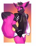  anthro black_hair black_nose bulge canid canine clothed clothing cmos digital_media_(artwork) dipstick_tail fox fur girly hair hi_res lockworkorange looking_at_viewer male mammal multicolored_body multicolored_fur multicolored_tail pink_body pink_eyes pink_fur pinup pose simple_background smile solo standing two_tone_body two_tone_fur underwear 