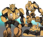  1boy angry autobot blue_eyes bumblebee bumblebee_(film) clenched_hand dalgu gradient gradient_background headlight mecha multiple_views no_humans open_hands transformers transformers_(live_action) walking 