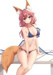  1girl :o absurdres ahoge animal_ear_fluff animal_ears bikini blue_bikini blush breasts fate/grand_order fate_(series) fox_ears fox_girl fox_tail highres legs long_hair looking_at_viewer medium_breasts navel pink_hair side-tie_bikini simple_background sitting solo summer swimsuit tail tamamo_(fate)_(all) tamamo_no_mae_(swimsuit_lancer)_(fate) thighs white_background yellow_eyes yoruciel 