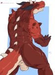  2020 all_fours anthro anus back_spikes backsack balls butt claws dragon fangs finger_claws genitals hair hi_res horn looking_at_viewer looking_back male muscular muscular_anthro muscular_male negger nude orange_eyes perineum presenting presenting_hindquarters raised_tail red_body red_hair red_scales scales scalie sharp_teeth simple_background solo spiked_tail spikes spikes_(anatomy) teeth 