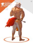  1boy absurdres alternate_costume animal_ears apron arknights ass back bangs brown_fur dog_boy dog_ears dog_tail from_behind full_body furry highres horns hung_(arknights) looking_at_viewer looking_back male_focus medium_hair multicolored_hair muscular muscular_male naked_apron orange_eyes orange_hair single_horn smile spatula streaked_hair tail two-tone_fur uiokv white_fur white_hair yellow_eyes 