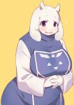  2020 anthro big_breasts blush bovid breasts caprine clothing female floppy_ears front_view fur goat half-length_portrait hi_res horn looking_at_viewer mammal open_mouth open_smile portrait purple_eyes sgsix simple_background smile solo standing toriel undertale video_games white_body white_fur yellow_background 